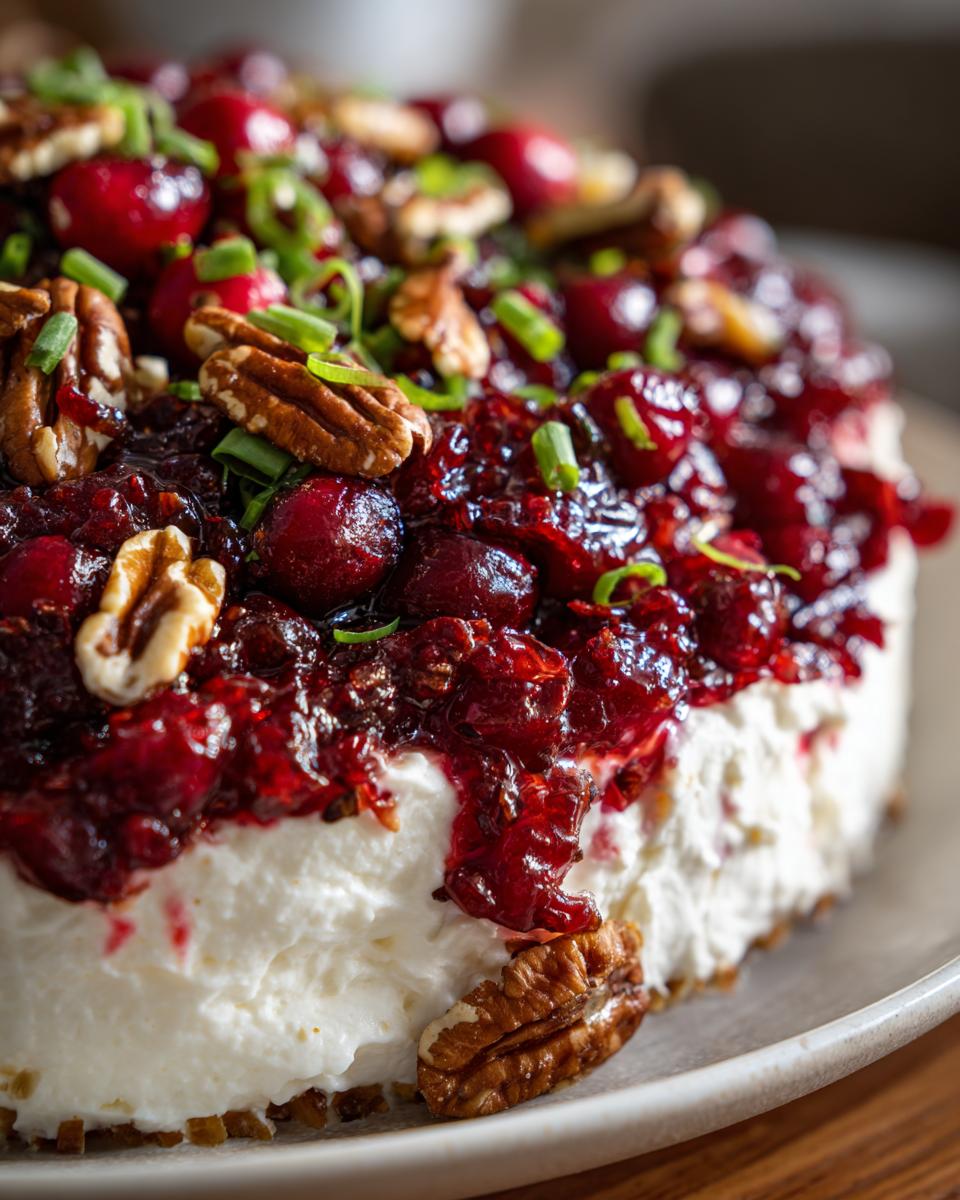 Close-up of a rich cranberry cream cheese dip topped with whole cranberries, pecans, and chopped green onions.