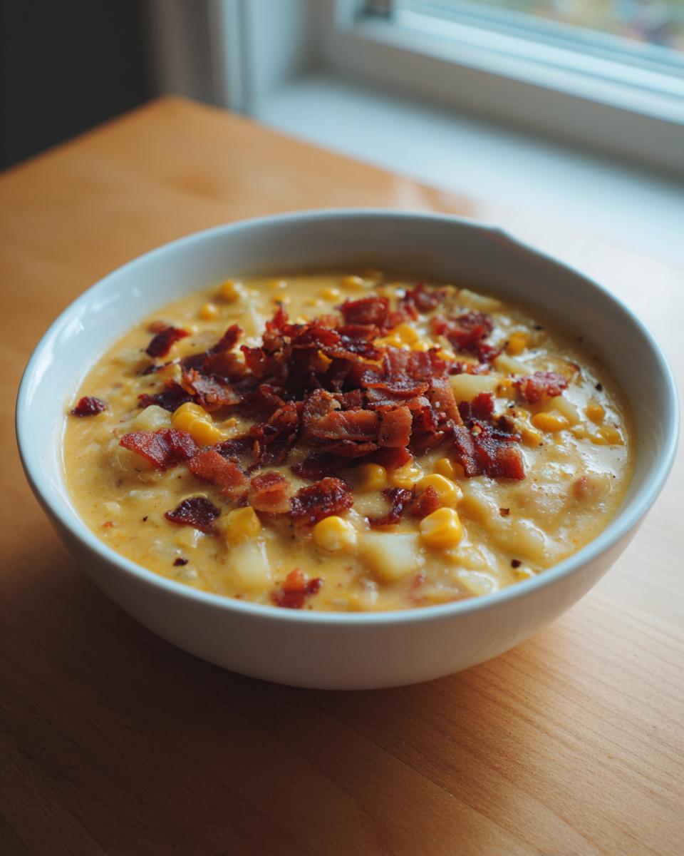 A creamy bowl of homemade corn chowder topped generously with crispy bacon bits, sitting on a wooden table.