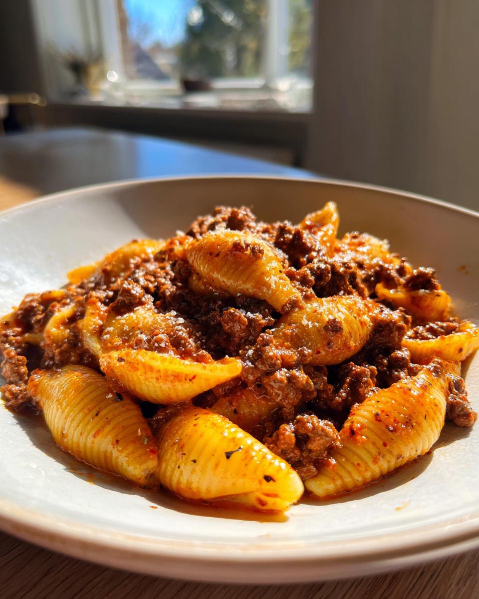 Close-up of a bowl of creamy beef pasta featuring large shell pasta coated in a rich meat sauce.