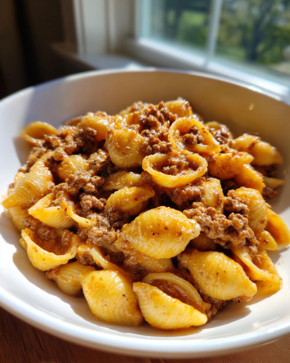 Close-up of a white bowl filled with creamy beef pasta featuring shell-shaped noodles coated in a rich sauce.