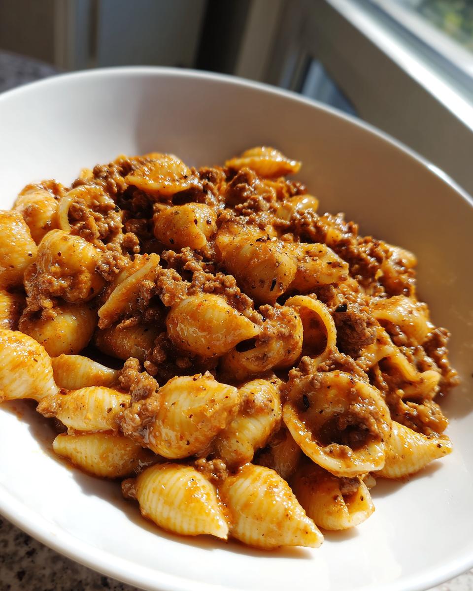 Close-up of shell pasta coated in a rich, creamy beef sauce, ready to eat as creamy beef pasta.