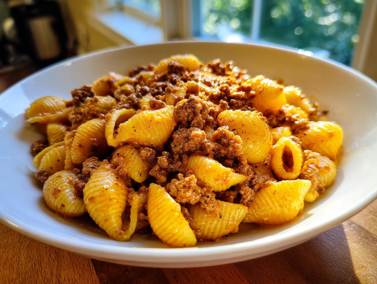 Close-up of a white bowl filled with creamy beef pasta featuring shell-shaped noodles and seasoned ground beef.