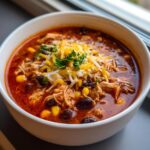 A close-up of a bowl of creamy chicken enchilada soup, topped with shredded cheese, corn, and black beans.