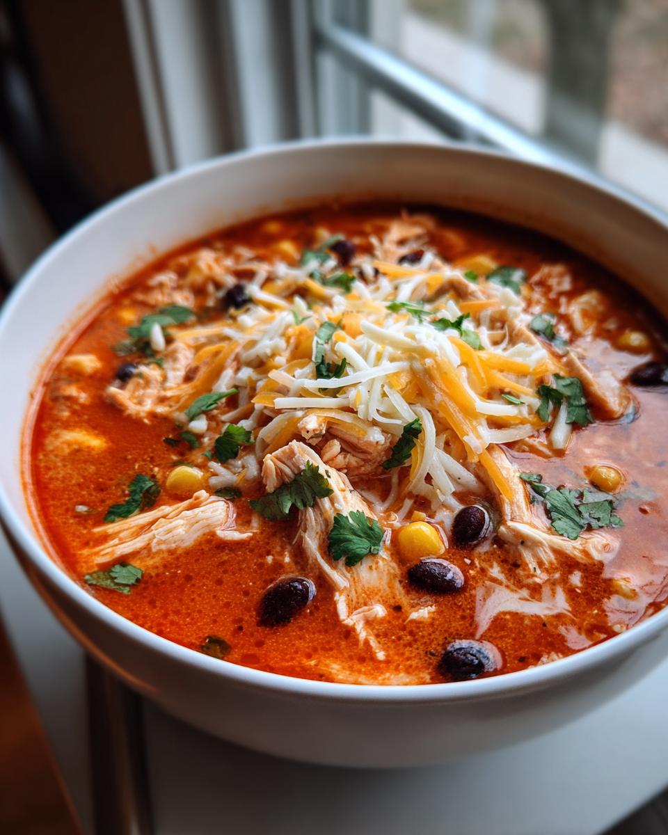 Close-up of a bowl of vibrant red creamy chicken enchilada soup topped with shredded cheese, black beans, and cilantro.