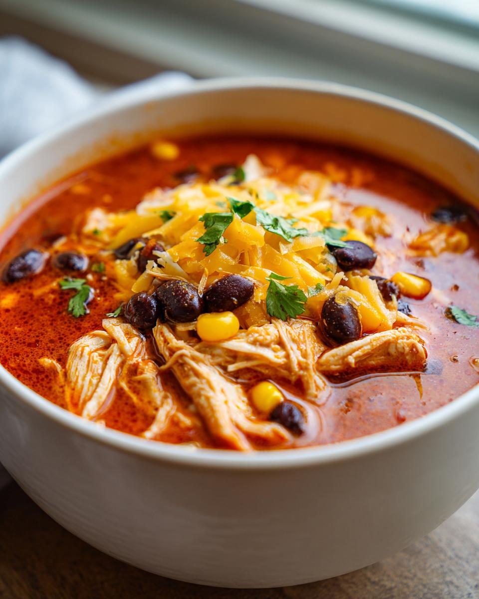 Close-up of a bowl of creamy chicken enchilada soup, featuring shredded chicken, black beans, corn, and melted cheese.