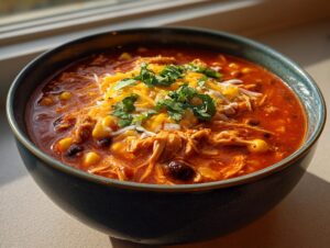 Close-up of a rich, red bowl of creamy chicken enchilada soup, topped with shredded cheese and cilantro.