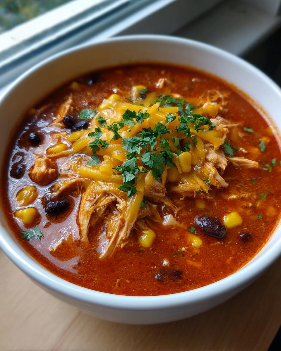 Close-up of a bowl of rich, red creamy chicken enchilada soup topped with shredded cheese, corn, and cilantro.