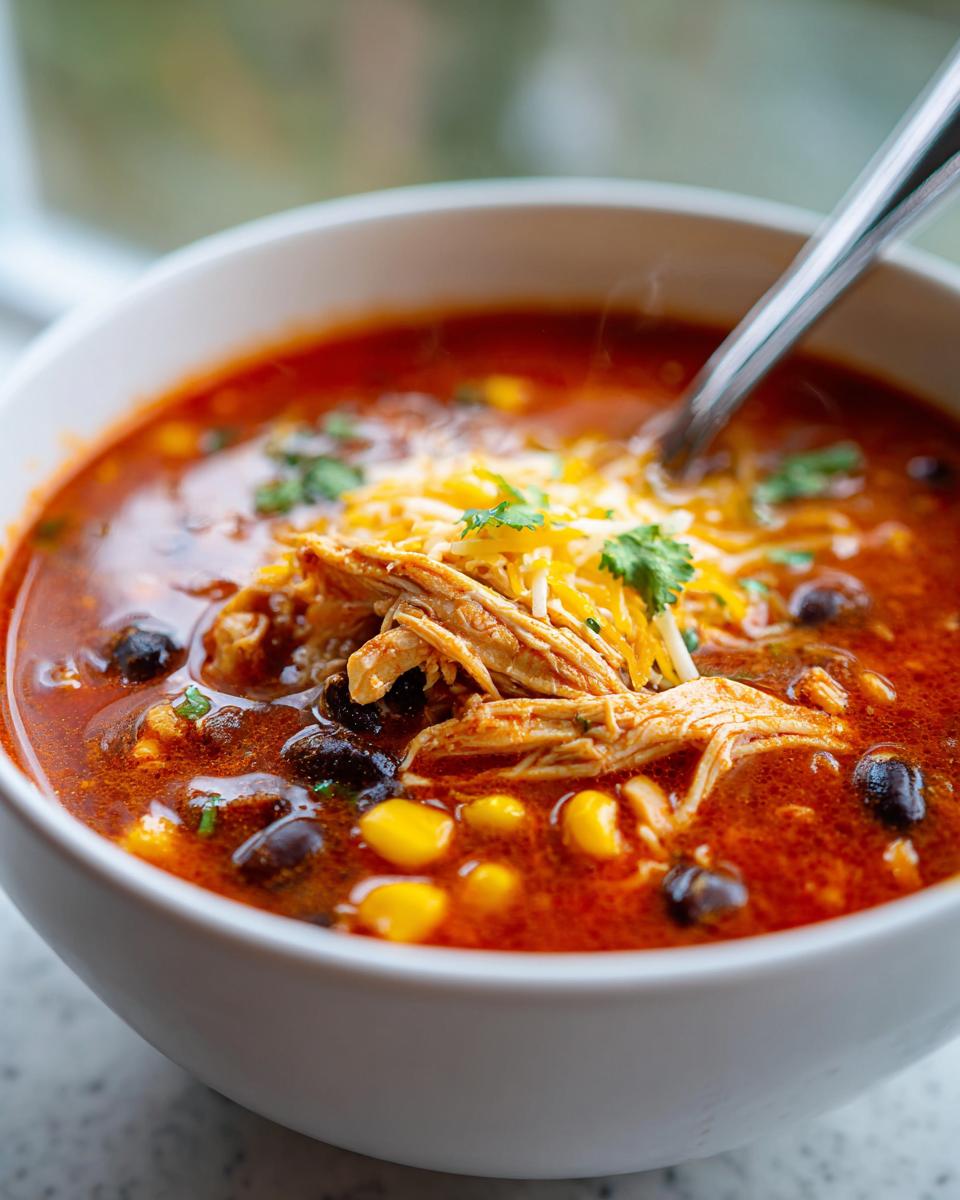 A close-up of steaming creamy chicken enchilada soup topped with shredded chicken, cheese, and cilantro.