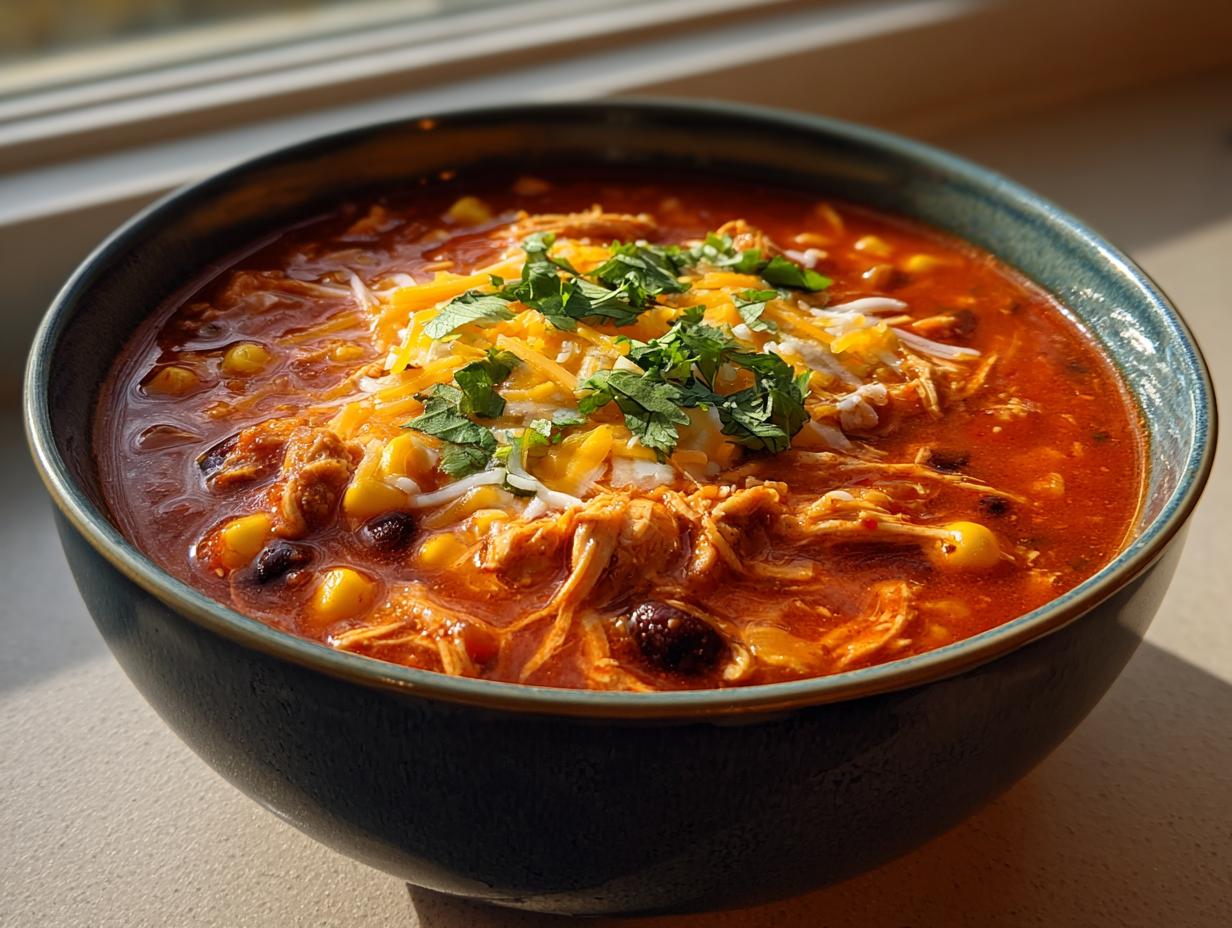 Close-up of a rich, red bowl of creamy chicken enchilada soup, topped with shredded cheese and cilantro.