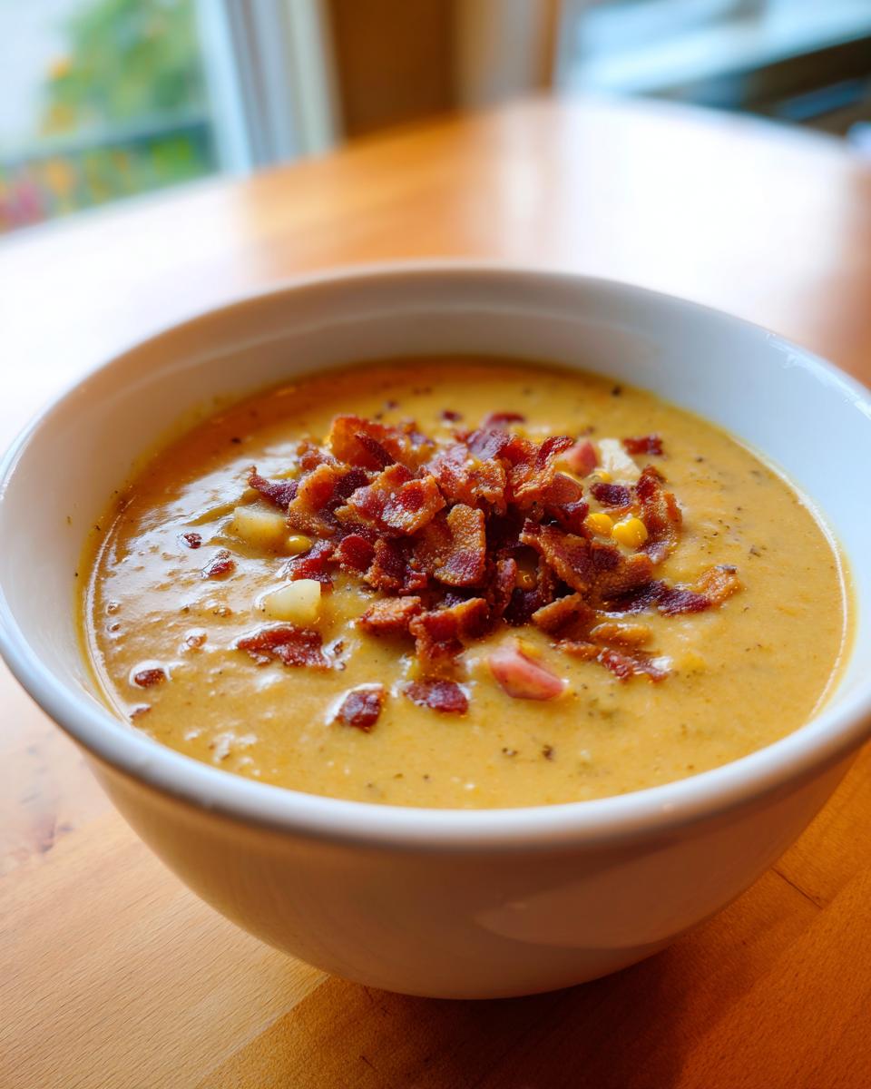 Close-up of a creamy, orange-hued corn chowder topped generously with crispy bacon bits.