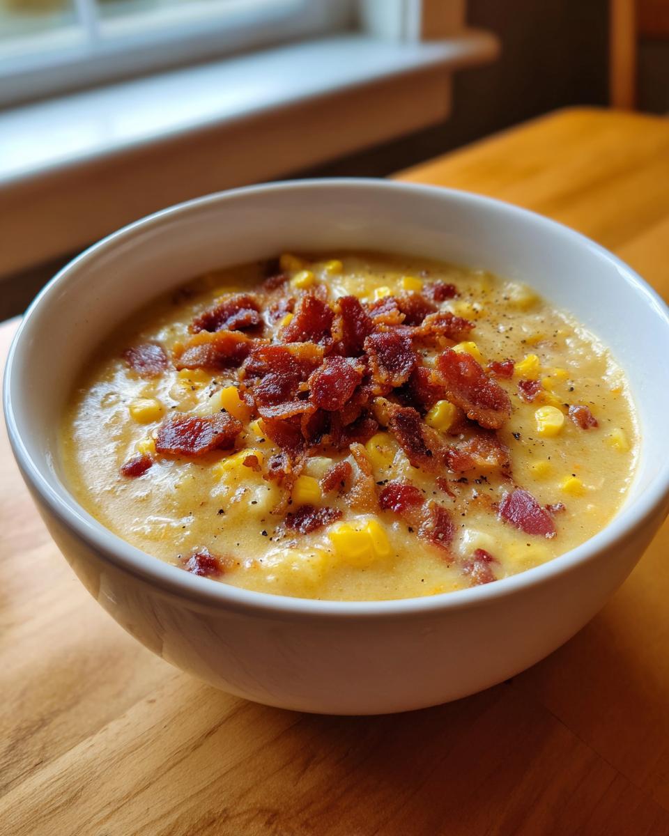 A close-up of a white bowl filled with creamy corn chowder, topped generously with crumbled bacon.