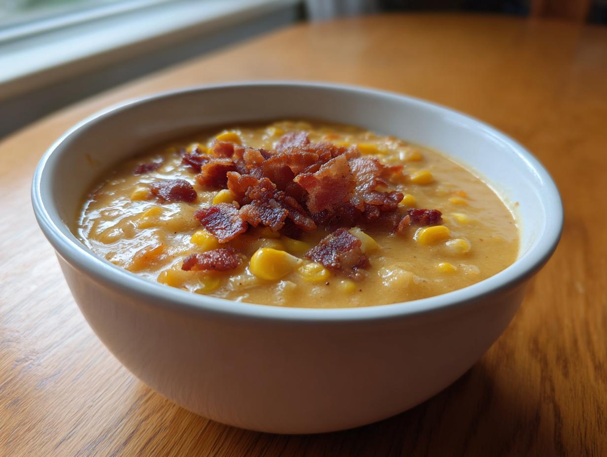 A white bowl filled with creamy corn chowder topped generously with crumbled bacon pieces.