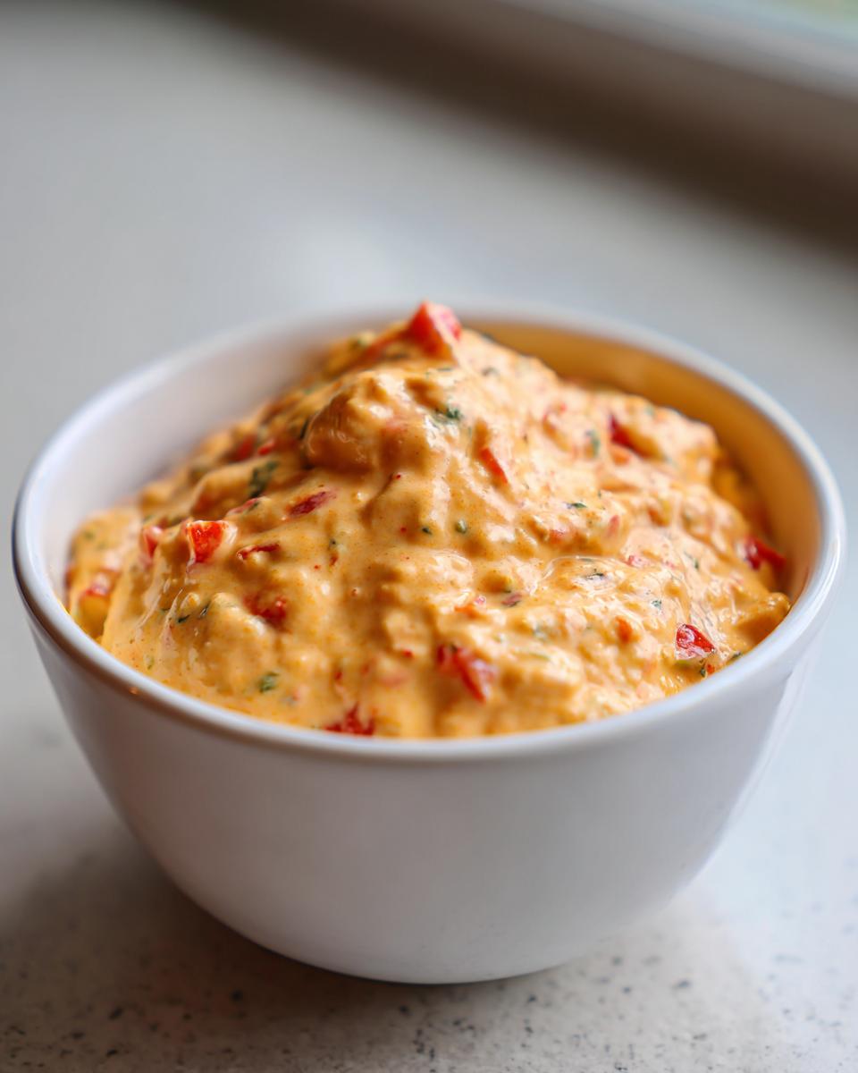 A close-up of creamy, orange cottage cheese queso dip with visible red pepper chunks in a white bowl.