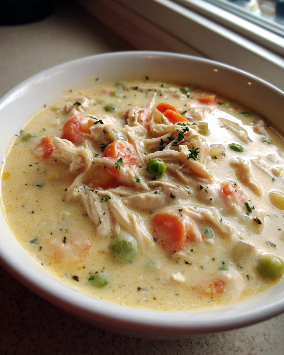 Close-up of a creamy pot pie soup filled with shredded chicken, carrots, and peas, garnished with herbs.