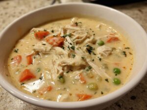 Close-up of creamy chicken pot pie soup with shredded chicken, carrots, and peas, garnished with parsley.