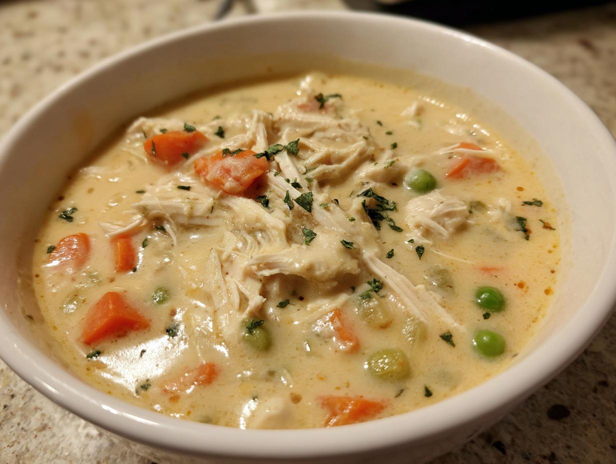 Close-up of creamy chicken pot pie soup with shredded chicken, carrots, and peas, garnished with parsley.