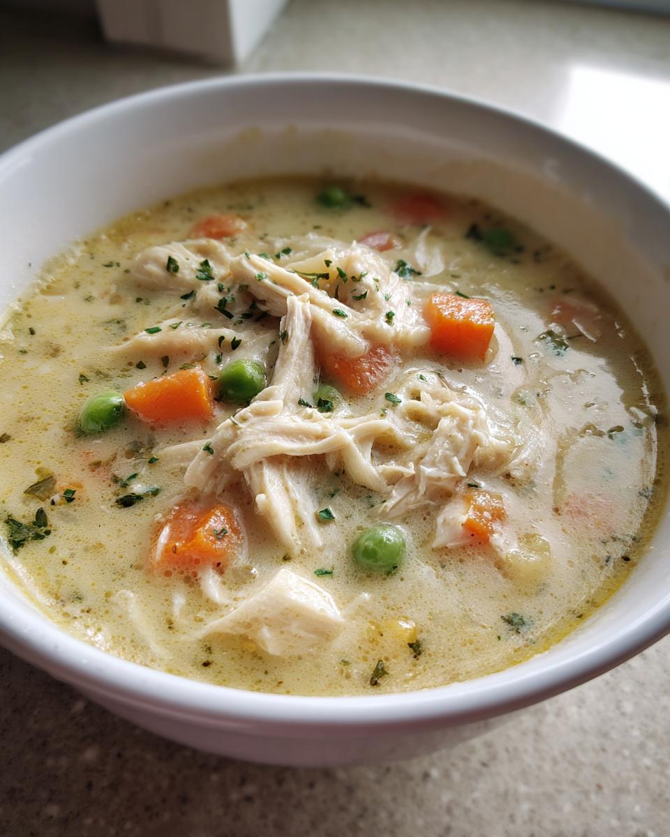 Close-up of a hearty serving of creamy pot pie soup, featuring shredded chicken, carrots, and peas.