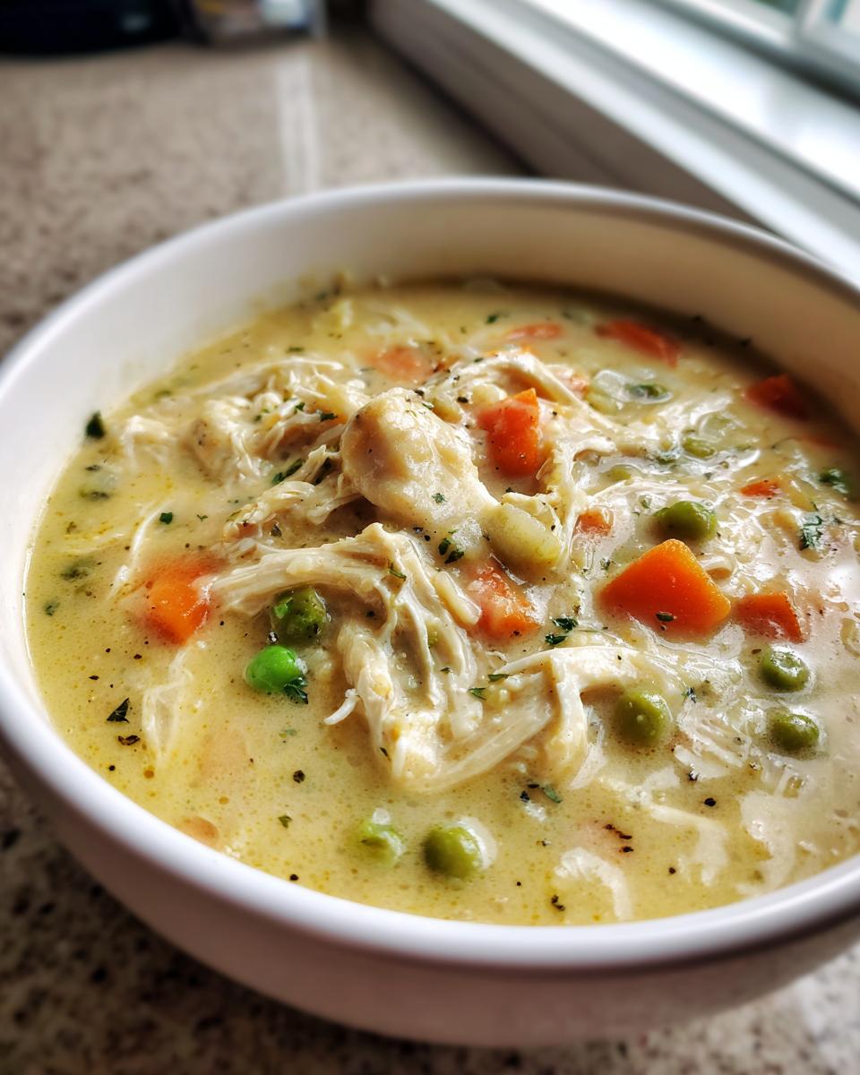 A close-up of creamy pot pie soup filled with shredded chicken, carrots, and peas, served in a white bowl.