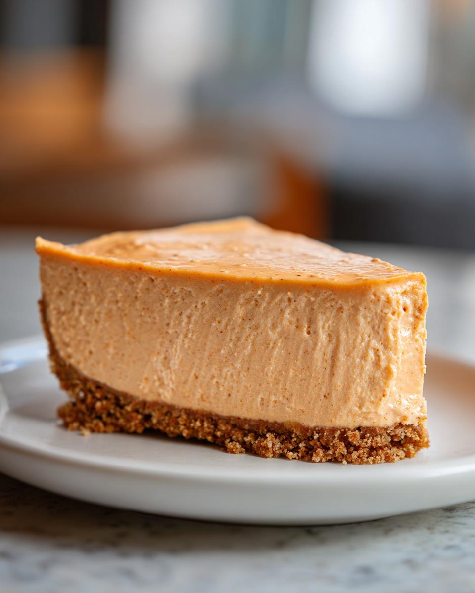 Close-up of a thick slice of creamy pumpkin cheesecake with a graham cracker crust on a white plate.