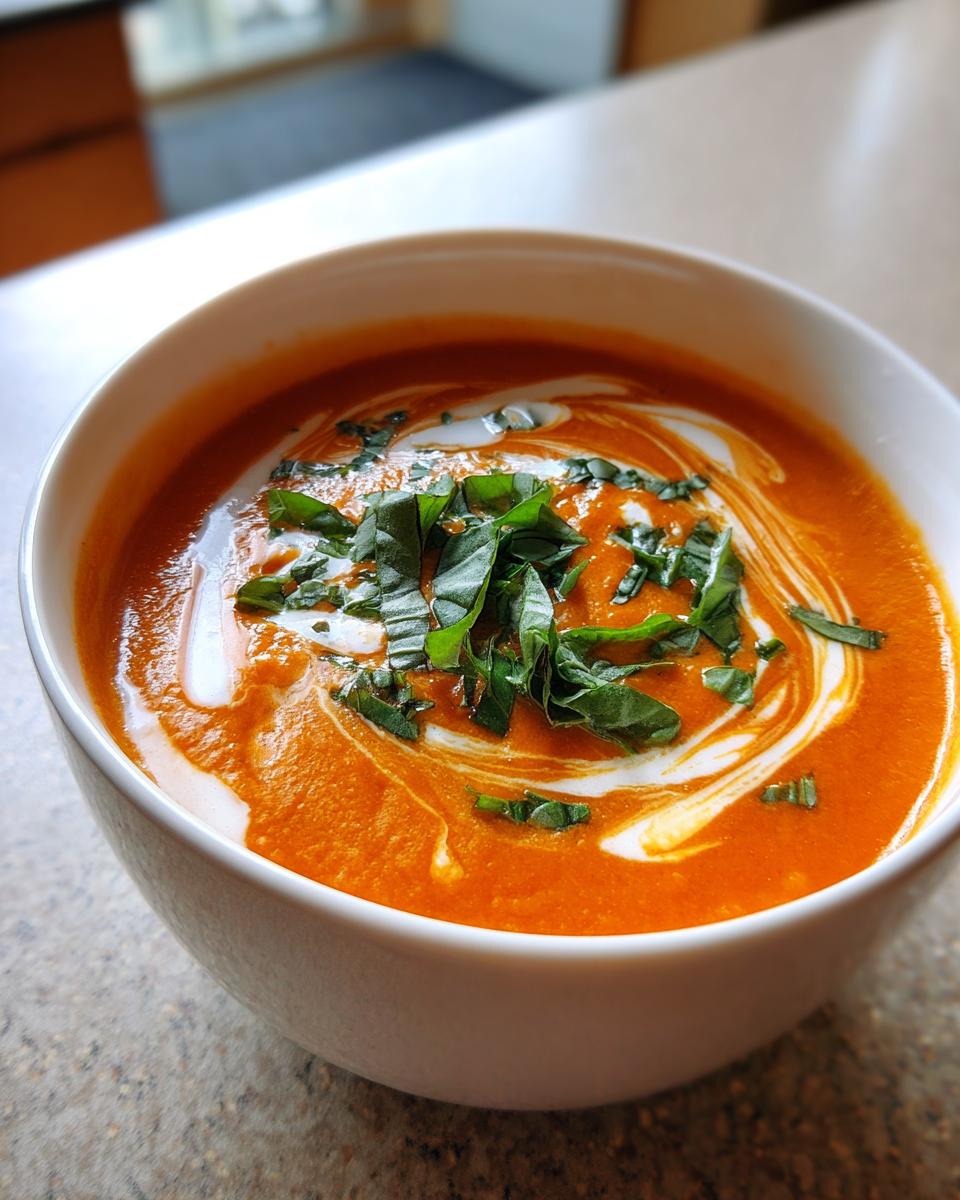 A close-up of creamy tomato basil soup in a white bowl, swirled with cream and topped with fresh basil.
