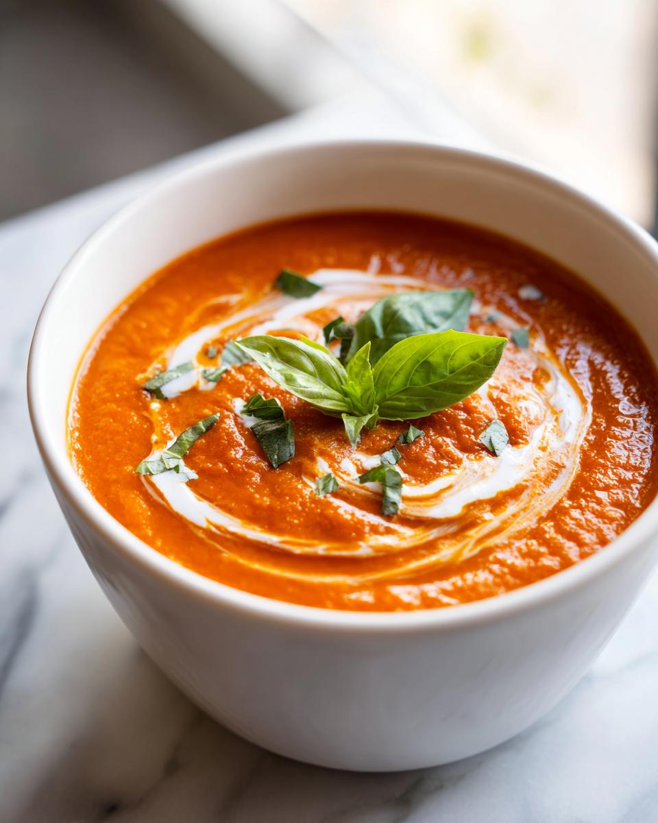 A close-up of rich, creamy tomato basil soup garnished with a swirl of cream and fresh basil leaves.