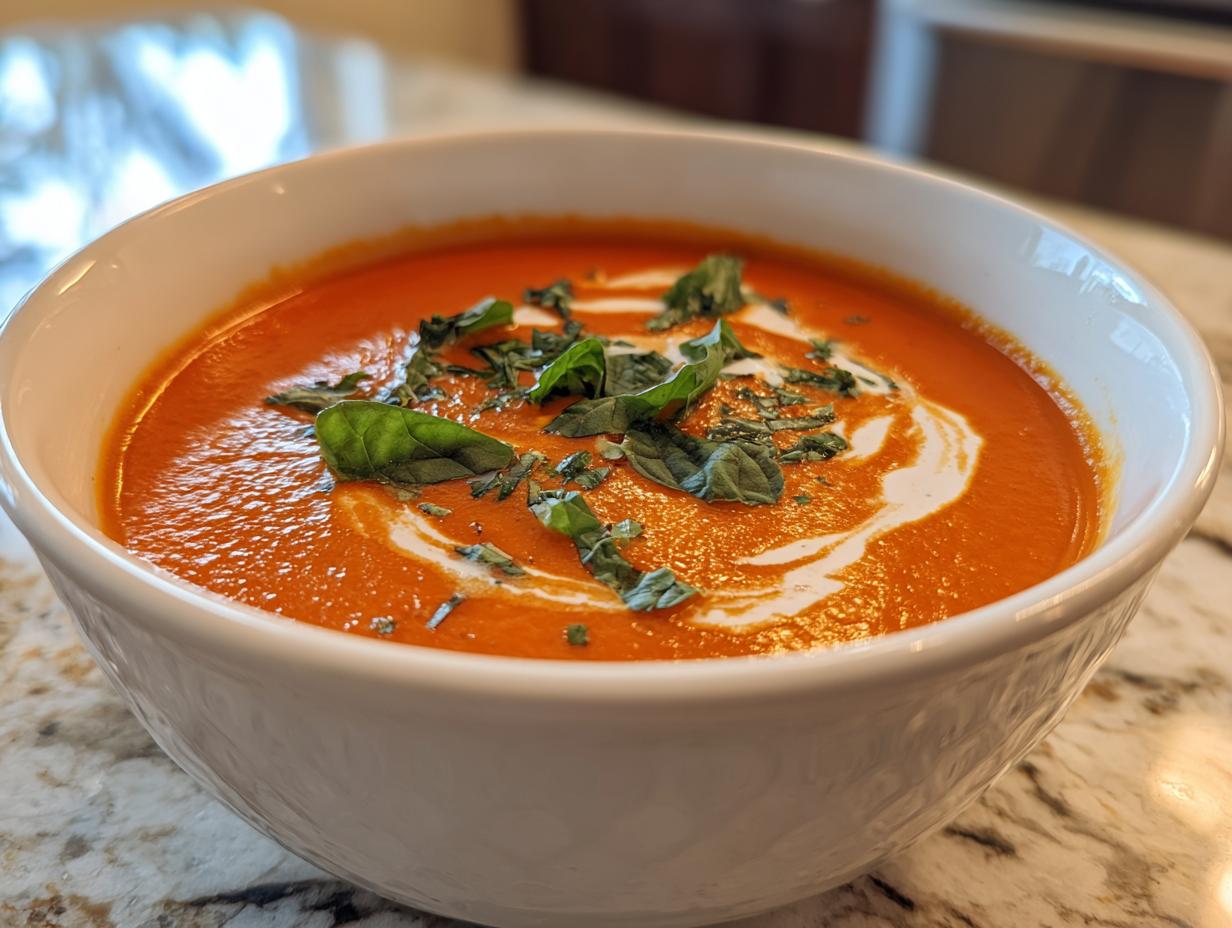 A close-up of creamy tomato basil soup in a white bowl, swirled with cream and topped with fresh basil.