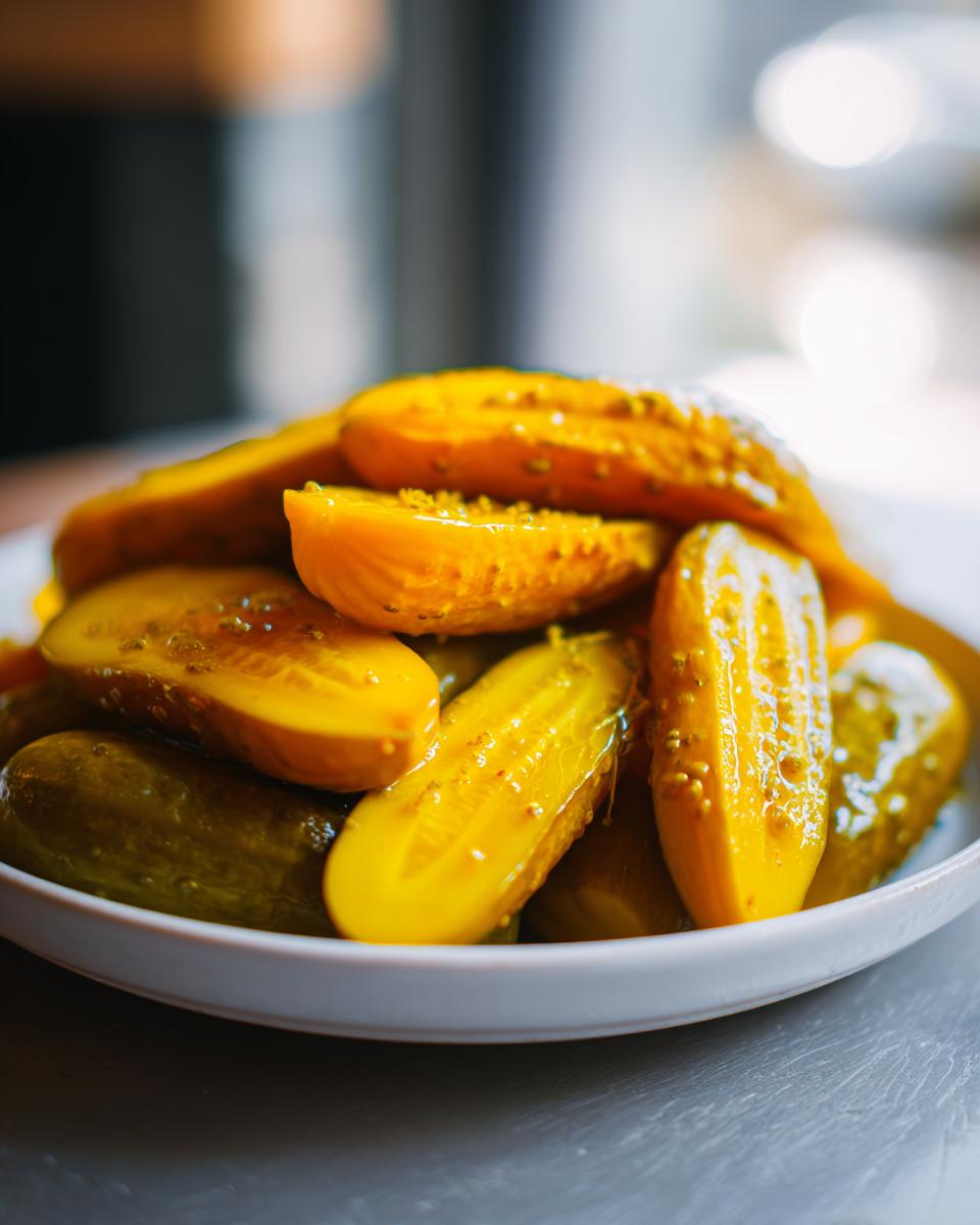 Close-up of bright yellow and green bread and butter pickle slices piled high in a white bowl.