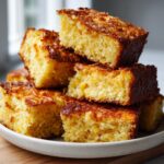 A stack of golden, crispy-edged squares of hot water cornbread piled high on a speckled plate.