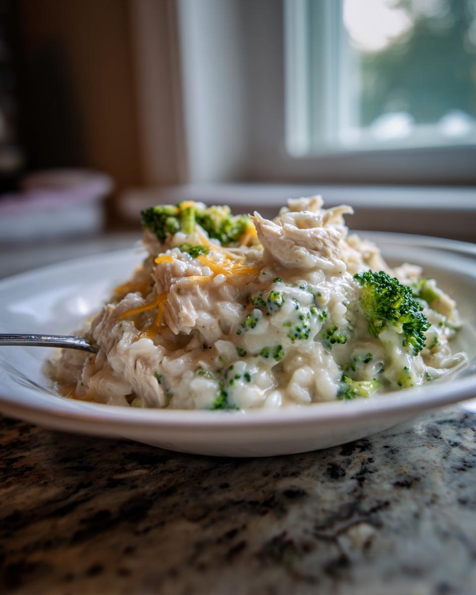 A close-up of a bowl of creamy crockpot chicken and rice mixed with bright green broccoli florets and shredded cheese.