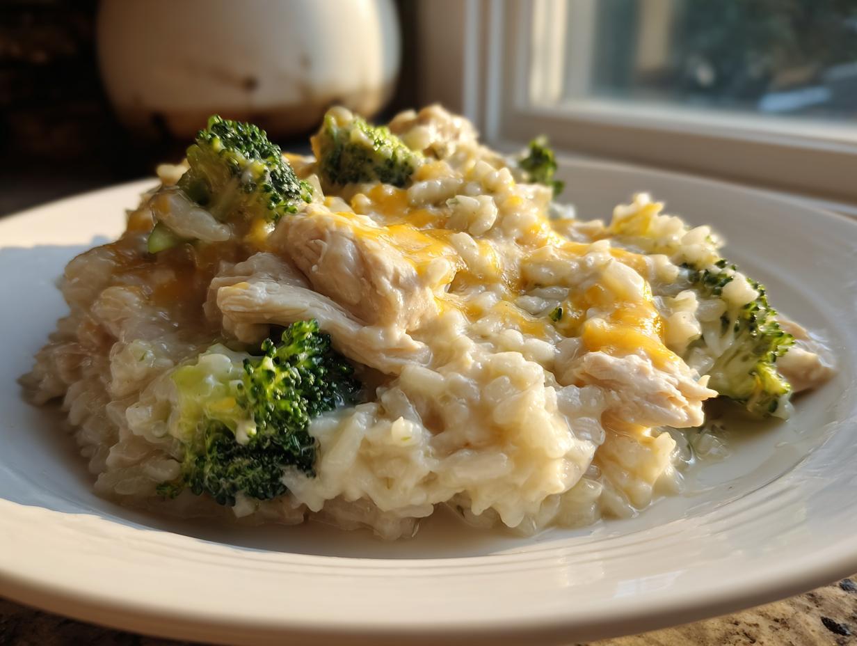 A close-up serving of creamy crockpot chicken and rice mixed with bright green broccoli florets and melted cheddar cheese.