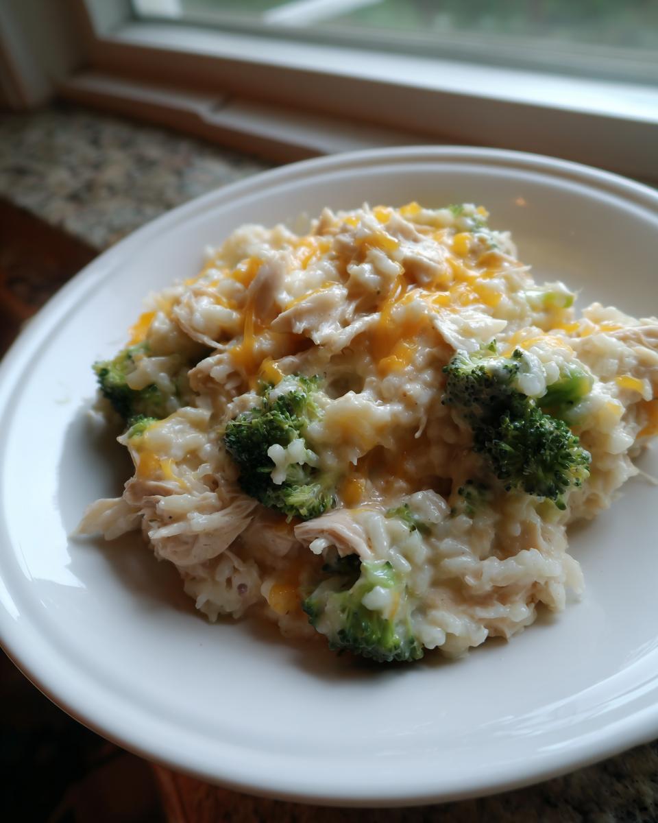 A close-up of a serving of creamy crockpot chicken and rice mixed with bright green broccoli florets and topped with melted cheddar cheese.