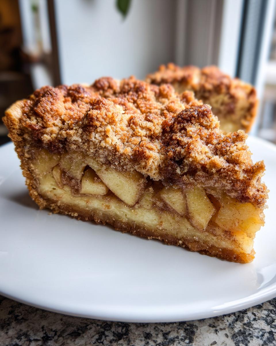 Close-up of a thick slice of dutch apple pie recipe showing cinnamon apples and a crunchy streusel topping.