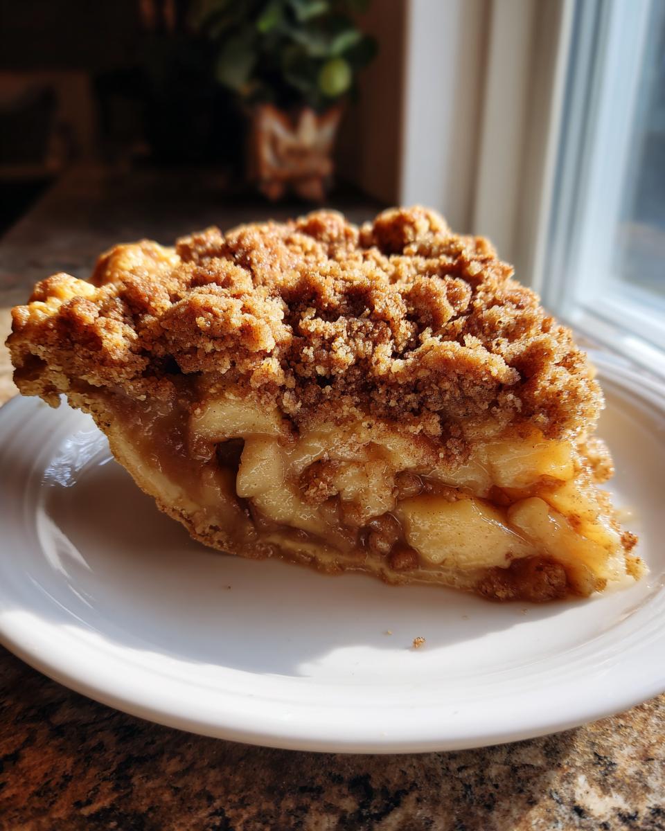 A perfect slice of dutch apple pie recipe featuring thick apple filling and a crunchy brown sugar crumb topping.