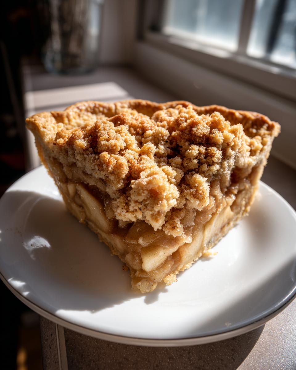 A close-up slice of dutch apple pie recipe featuring thick apple filling and a golden, crunchy streusel topping.