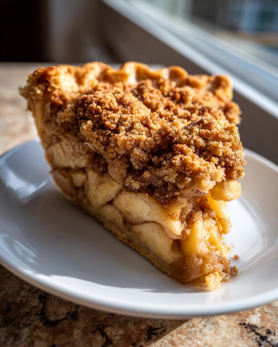 Close-up of a thick slice of dutch apple pie recipe with chunky spiced apples and a brown sugar crumble topping.