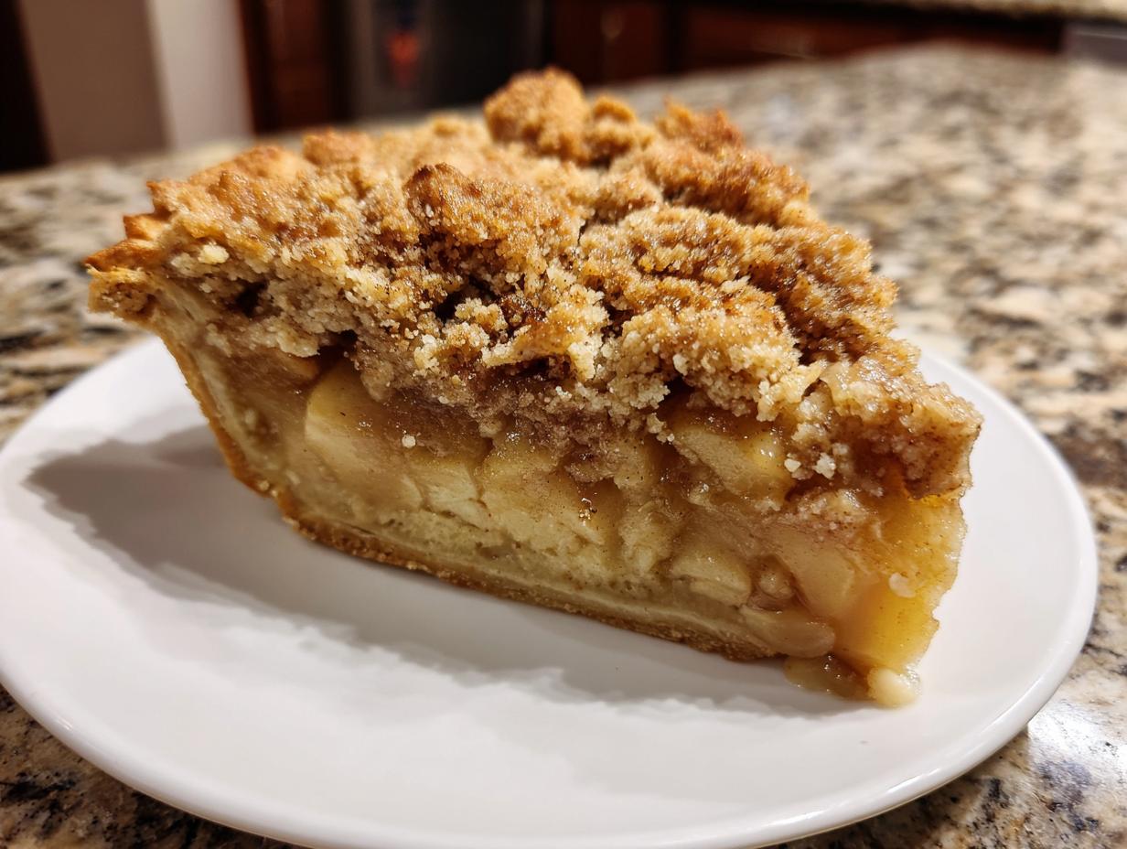 A close-up of a slice of dutch apple pie recipe featuring thick apple filling and a crunchy brown sugar crumb topping.