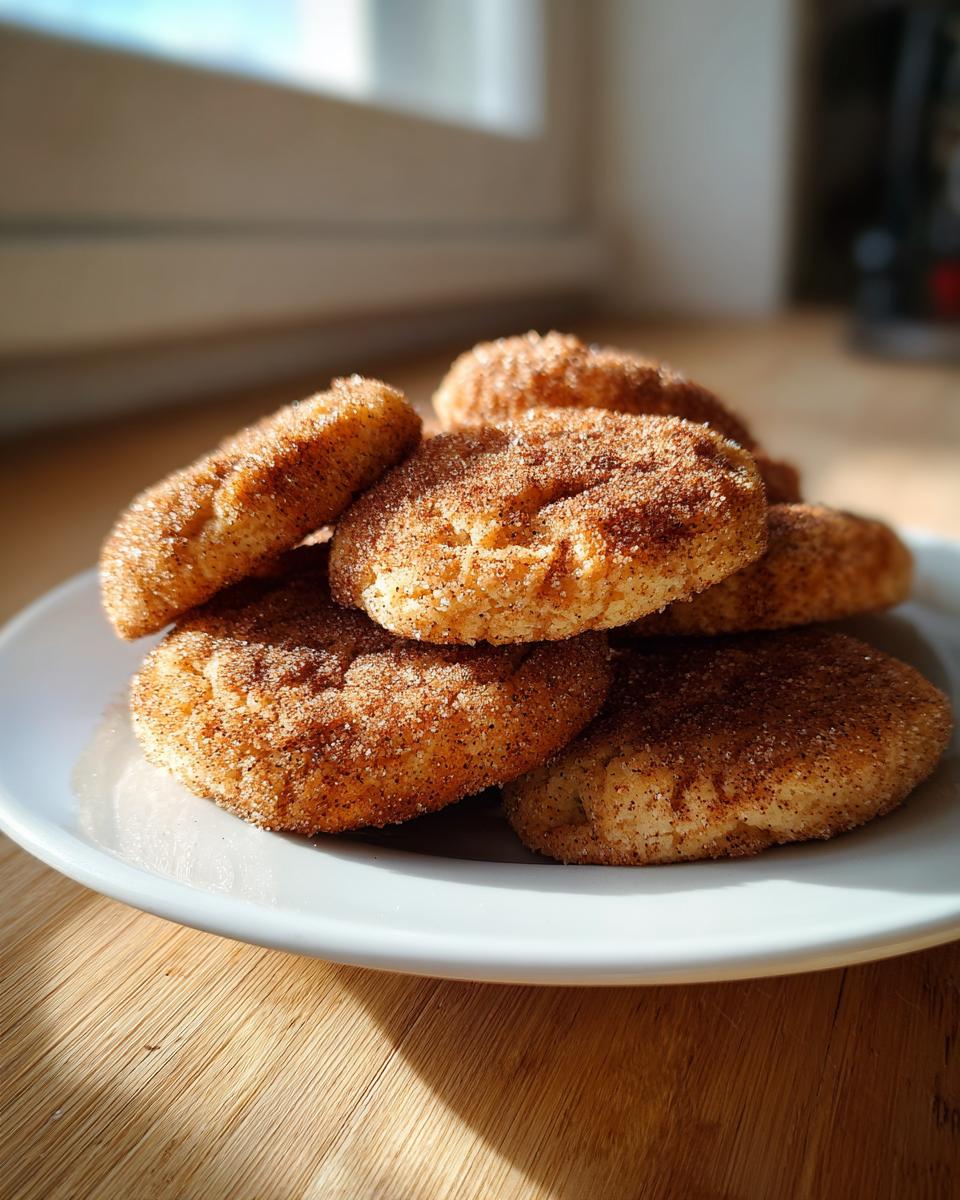 A stack of freshly baked churro cookies coated heavily in cinnamon sugar resting on a white plate.