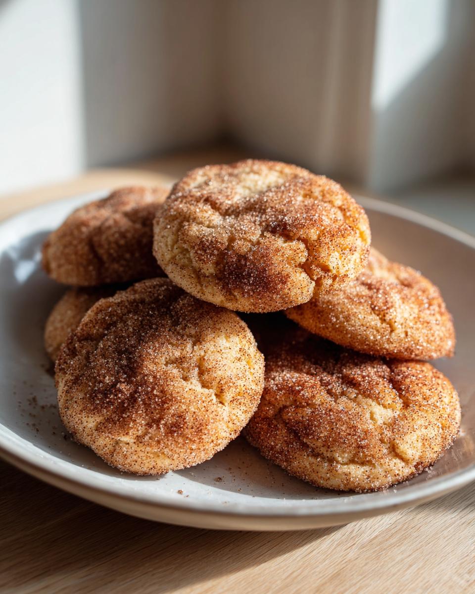 A stack of soft, round churro cookies heavily coated in cinnamon sugar resting on a light gray plate.