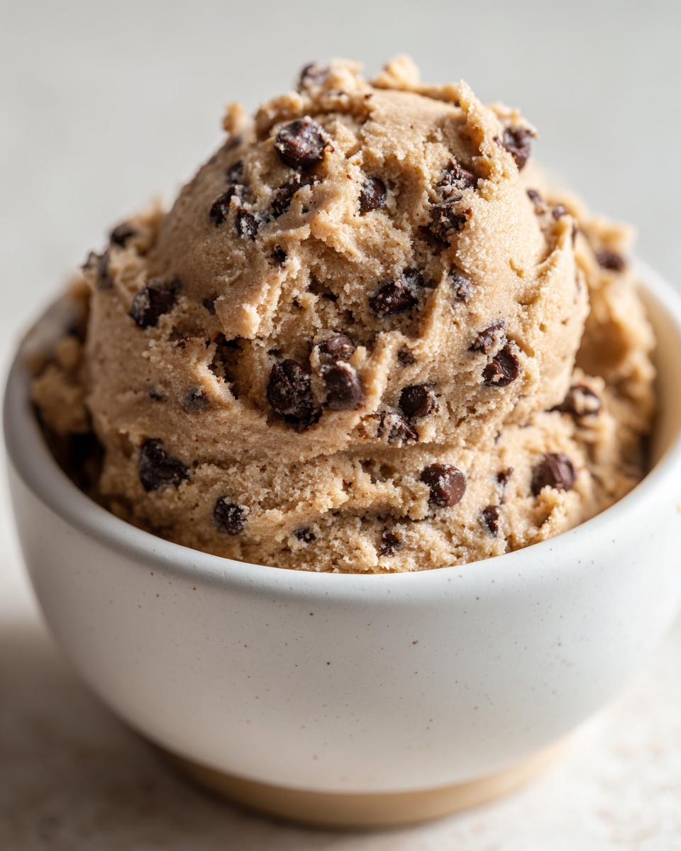 Close-up of a large scoop of edible chocolate chip cookie dough recipe in a small white bowl.