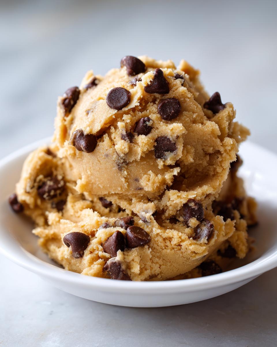 A generous scoop of edible chocolate chip cookie dough recipe mixture in a small white bowl.