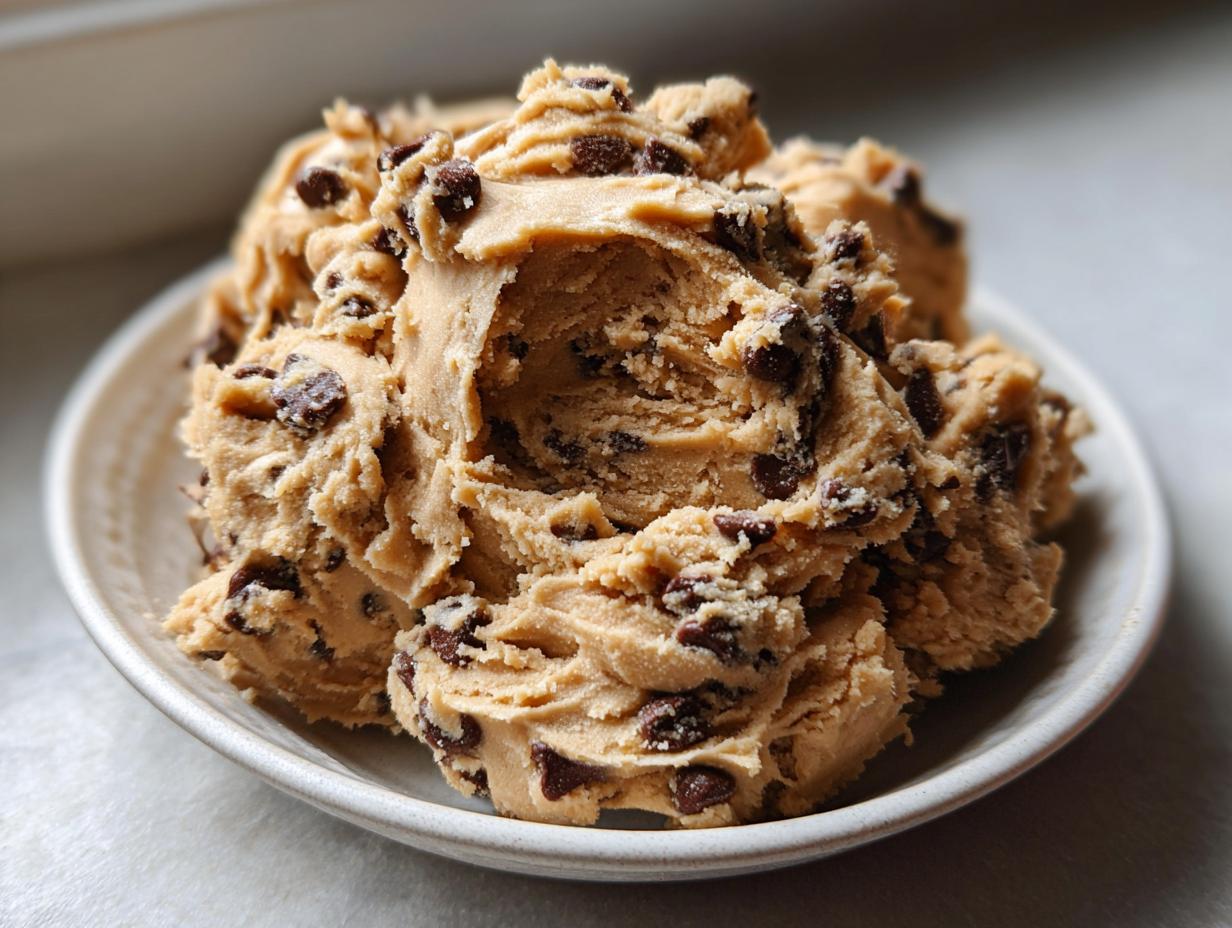 Close-up of scoops of edible chocolate chip cookie dough recipe piled high in a small white bowl.