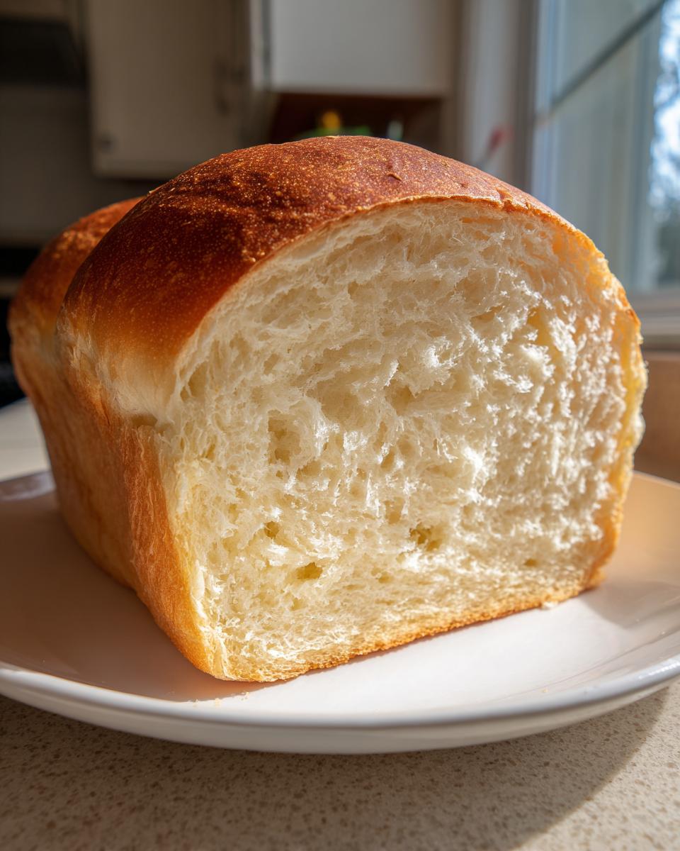 Close-up of a freshly baked loaf of condensed milk bread, showing its soft, white crumb and golden crust.