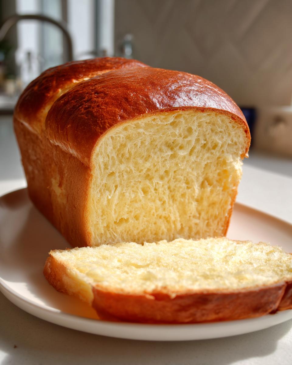 A freshly baked loaf of soft, golden condensed milk bread, partially sliced on a white plate.
