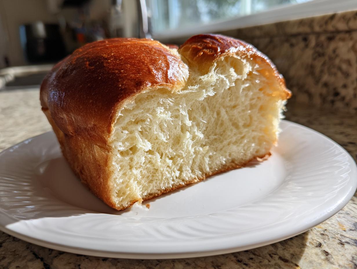 A thick slice of incredibly soft, fluffy condensed milk bread showing its airy interior and glossy, golden-brown top.