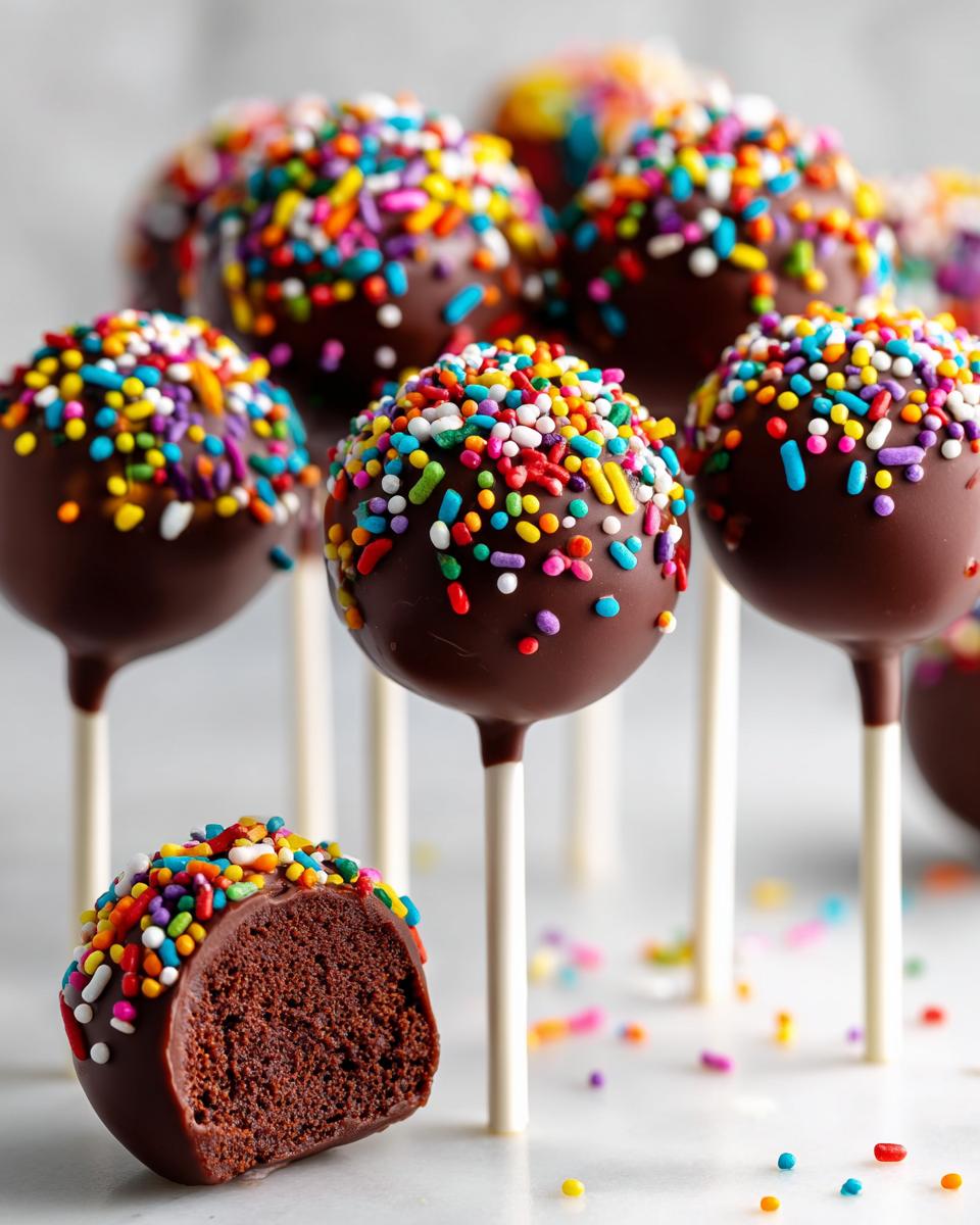 Close-up of chocolate cake pops covered in rainbow sprinkles, one cut in half showing the rich cake interior.