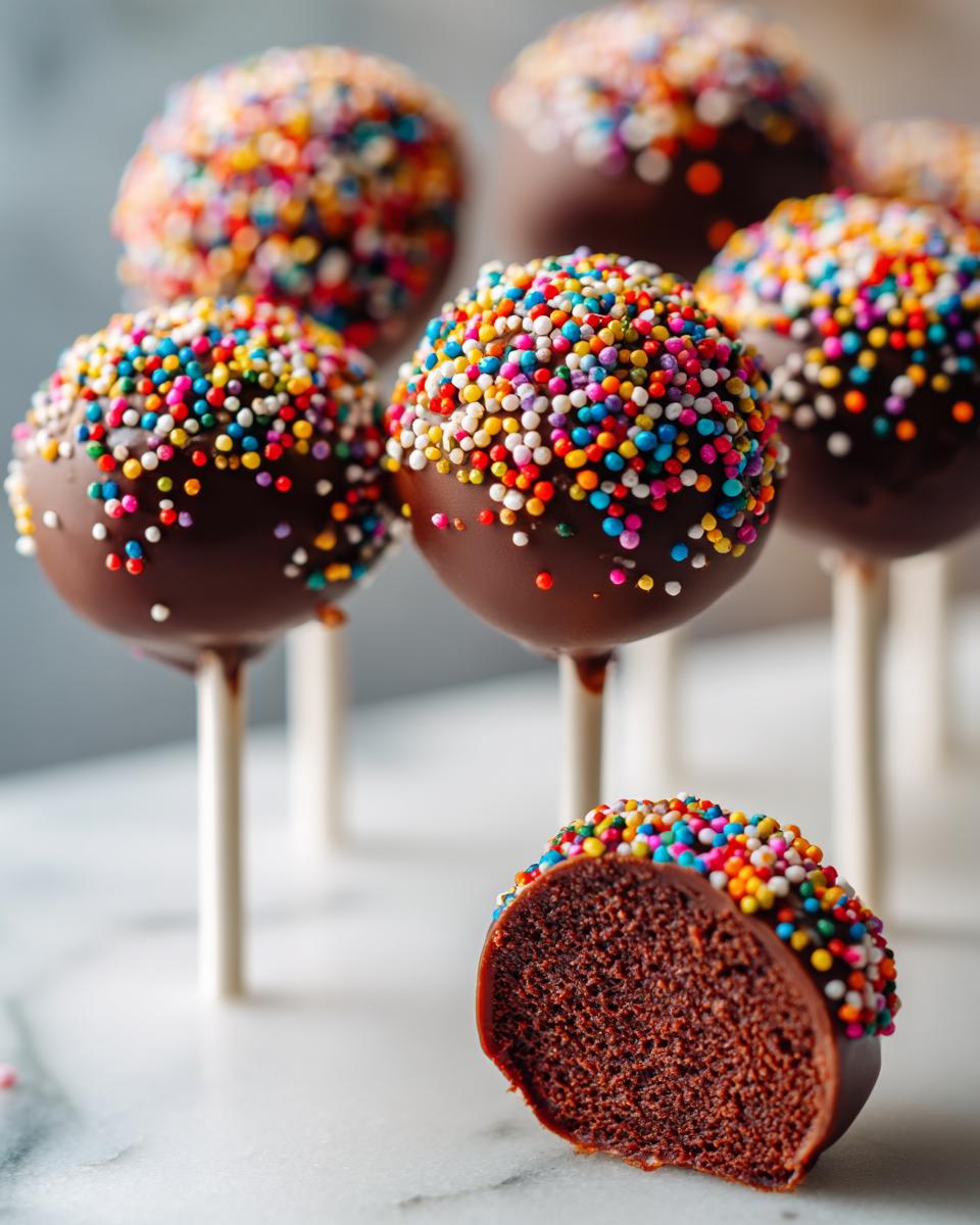 A close-up of decadent chocolate cake pops covered in rainbow sprinkles, with one cut in half showing the rich interior.