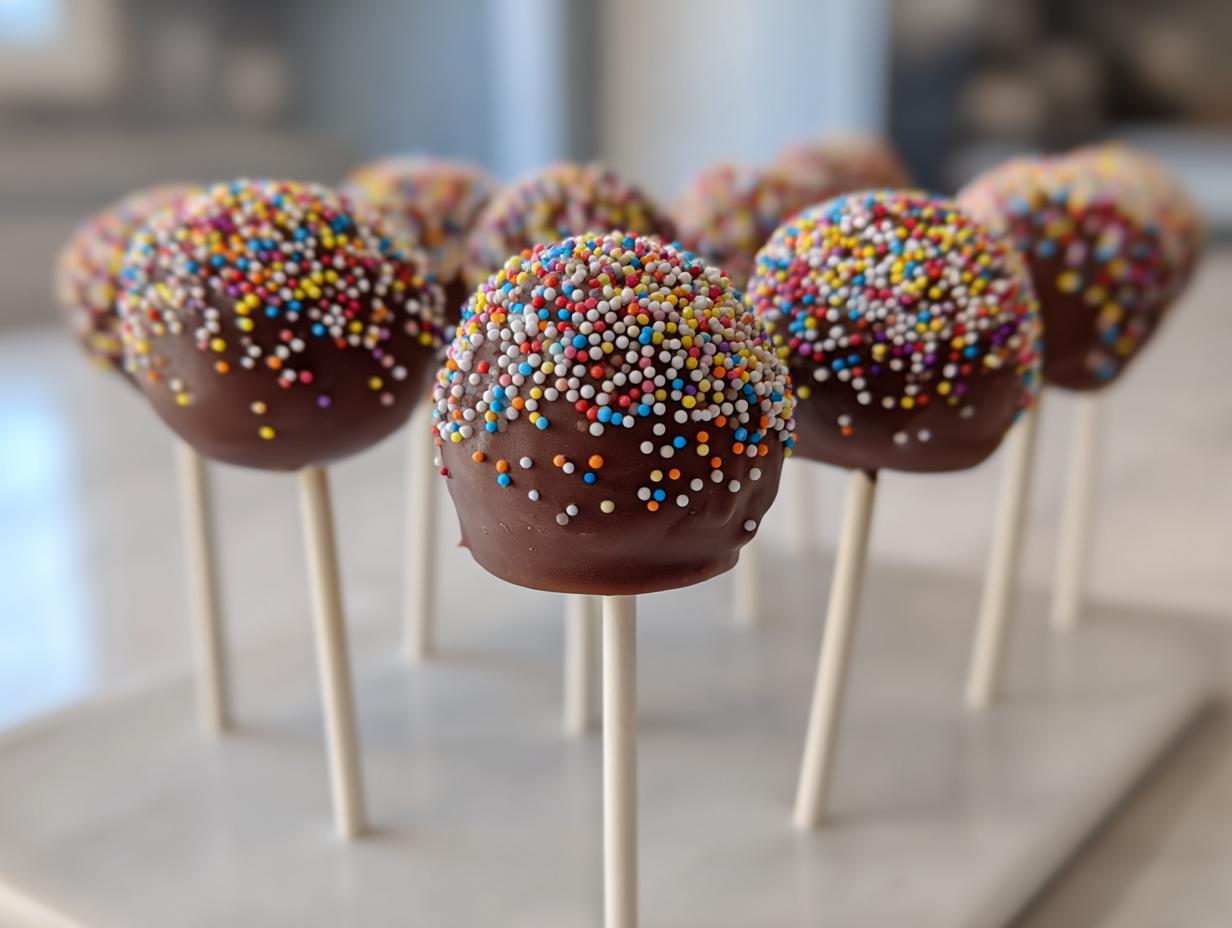 A close-up of several chocolate-dipped cake pops topped with colorful sprinkles, ready to serve.