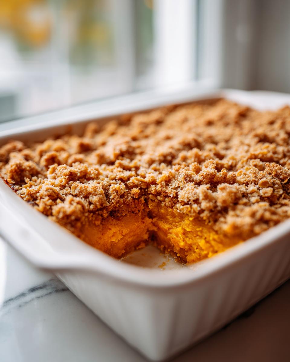 Close-up of a freshly baked pumpkin crisp with a thick, crumbly topping in a white square dish.