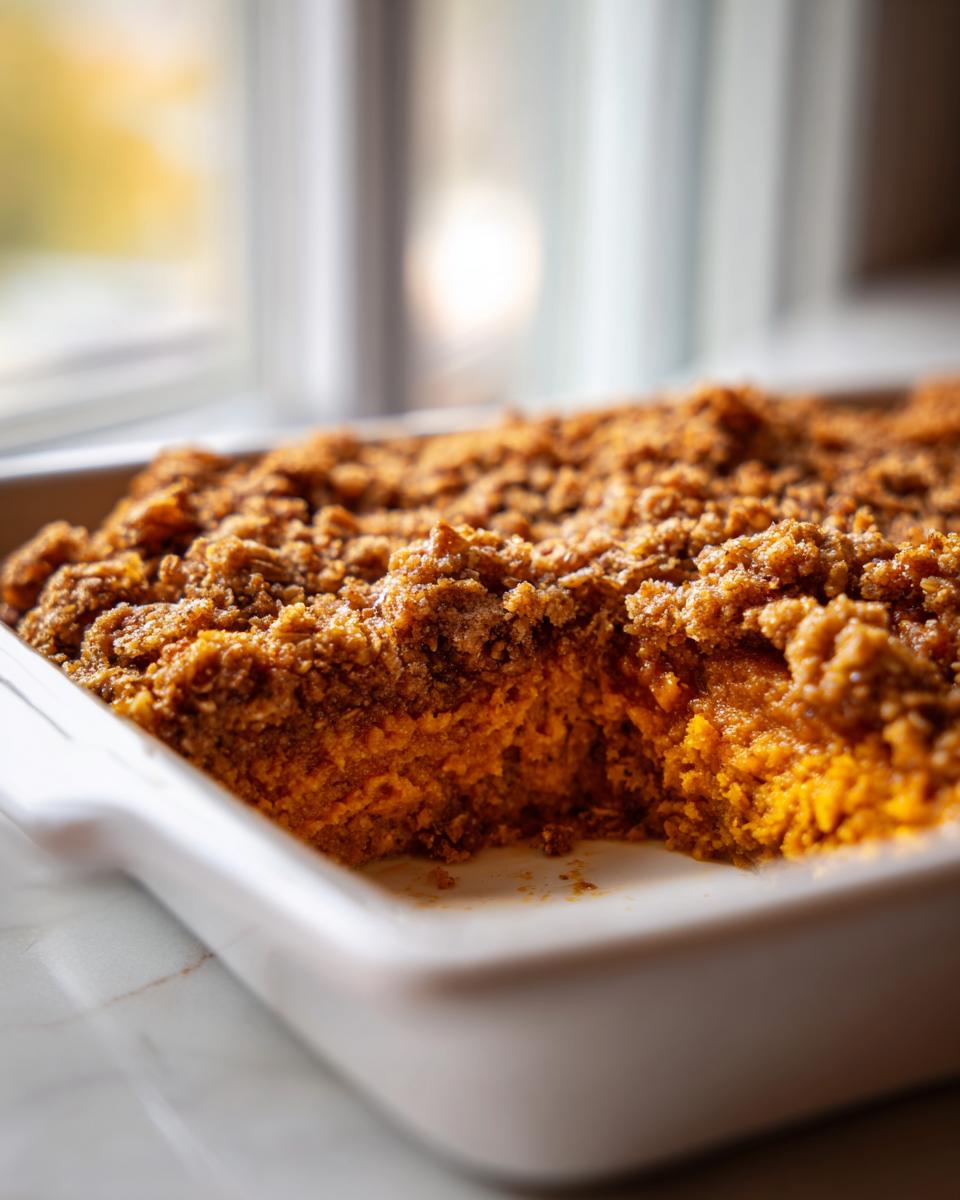 Close-up of a freshly baked pumpkin crisp with a thick, crumbly topping in a white baking dish.