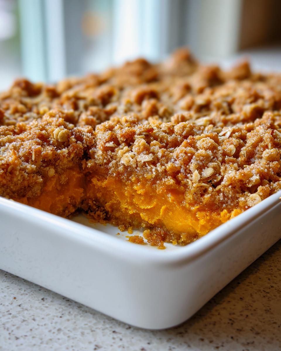 A close-up of a freshly baked pumpkin crisp with a thick, golden oat topping, showing a serving removed.
